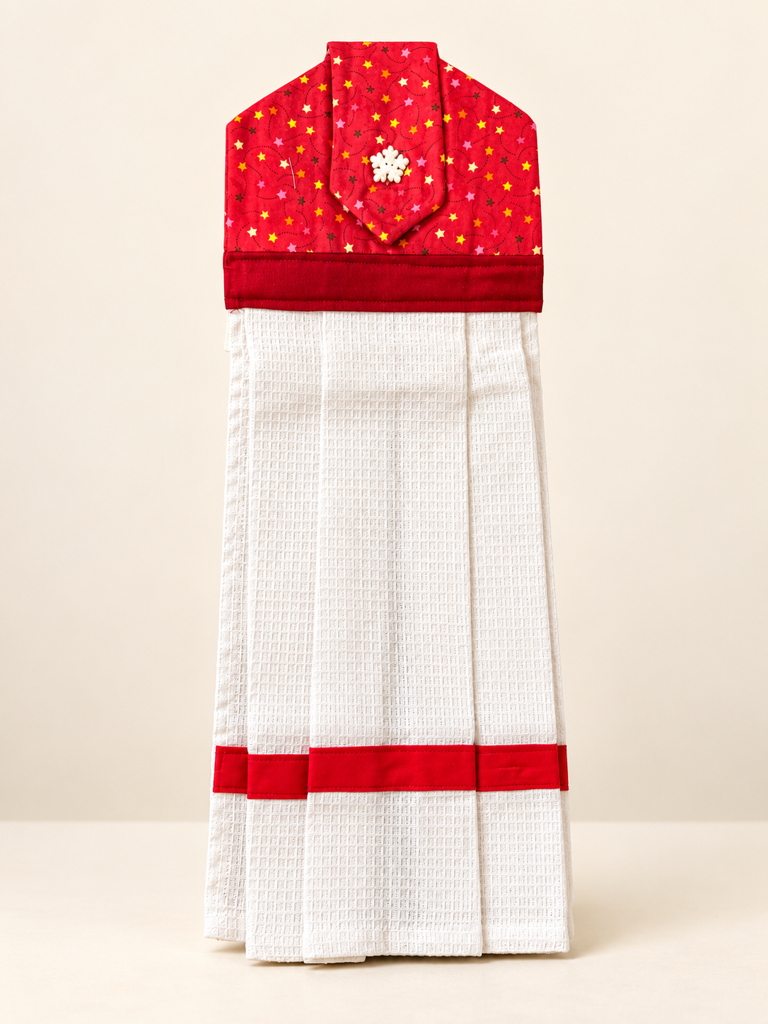 Red Christmas Hanging Tea Towel | Star & Snowflake Design