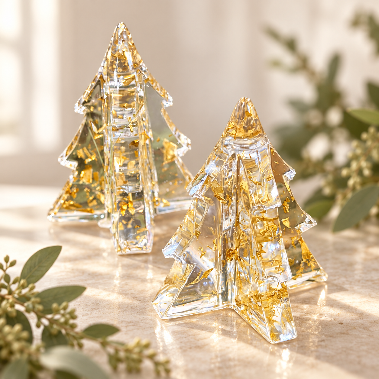 Clear Resin Christmas Tree Decorations with Gold Leaf