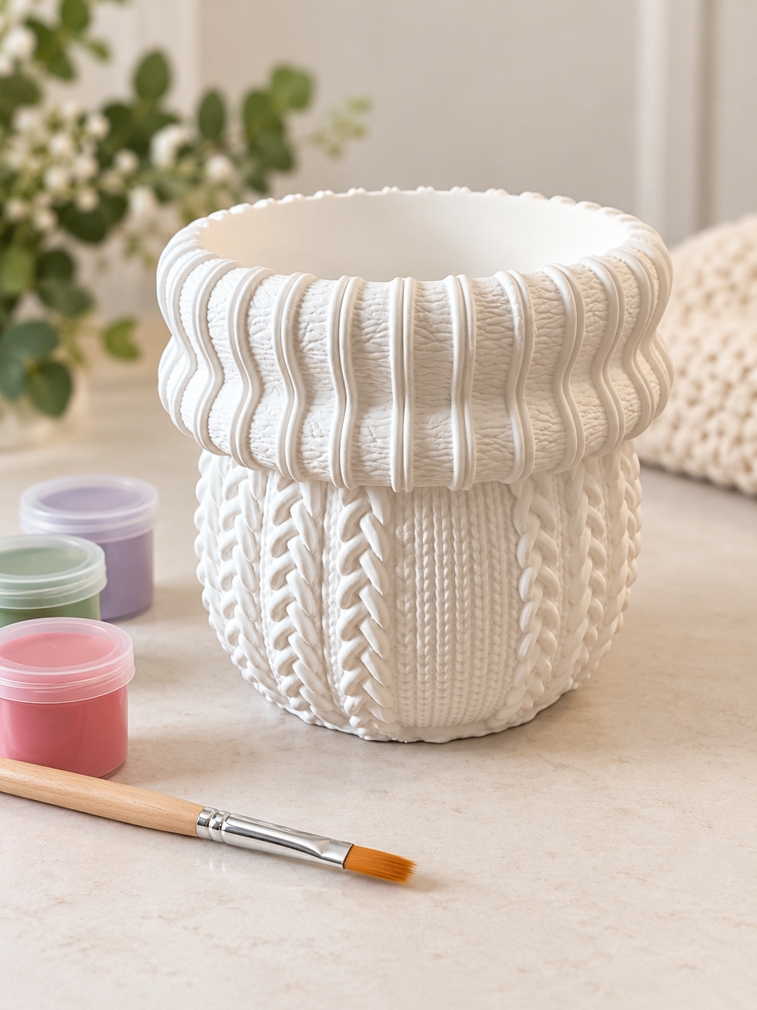 Knitted Texture Paintable Pot | White Craft Decoration
